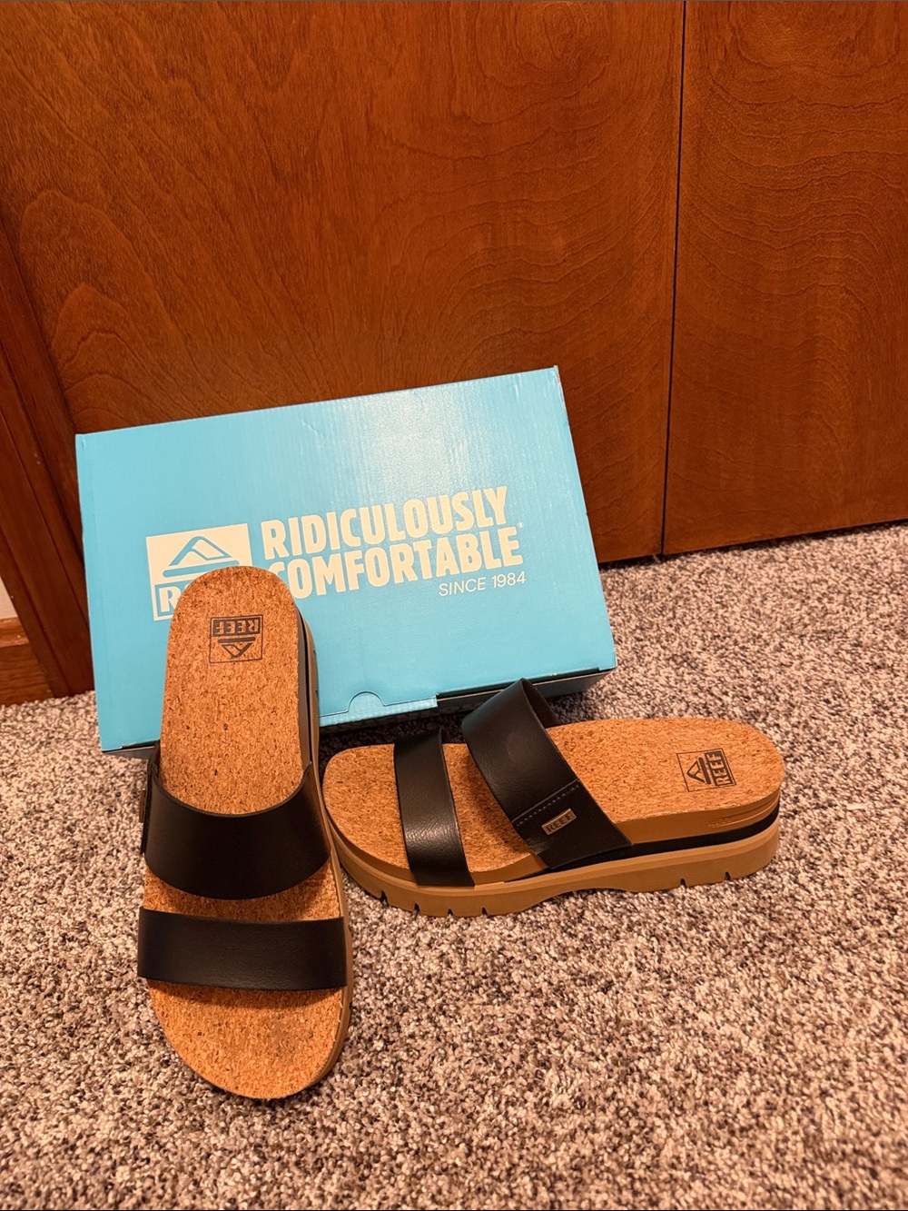Reef Womens Black Double-Strap Cork Footbed Sandals